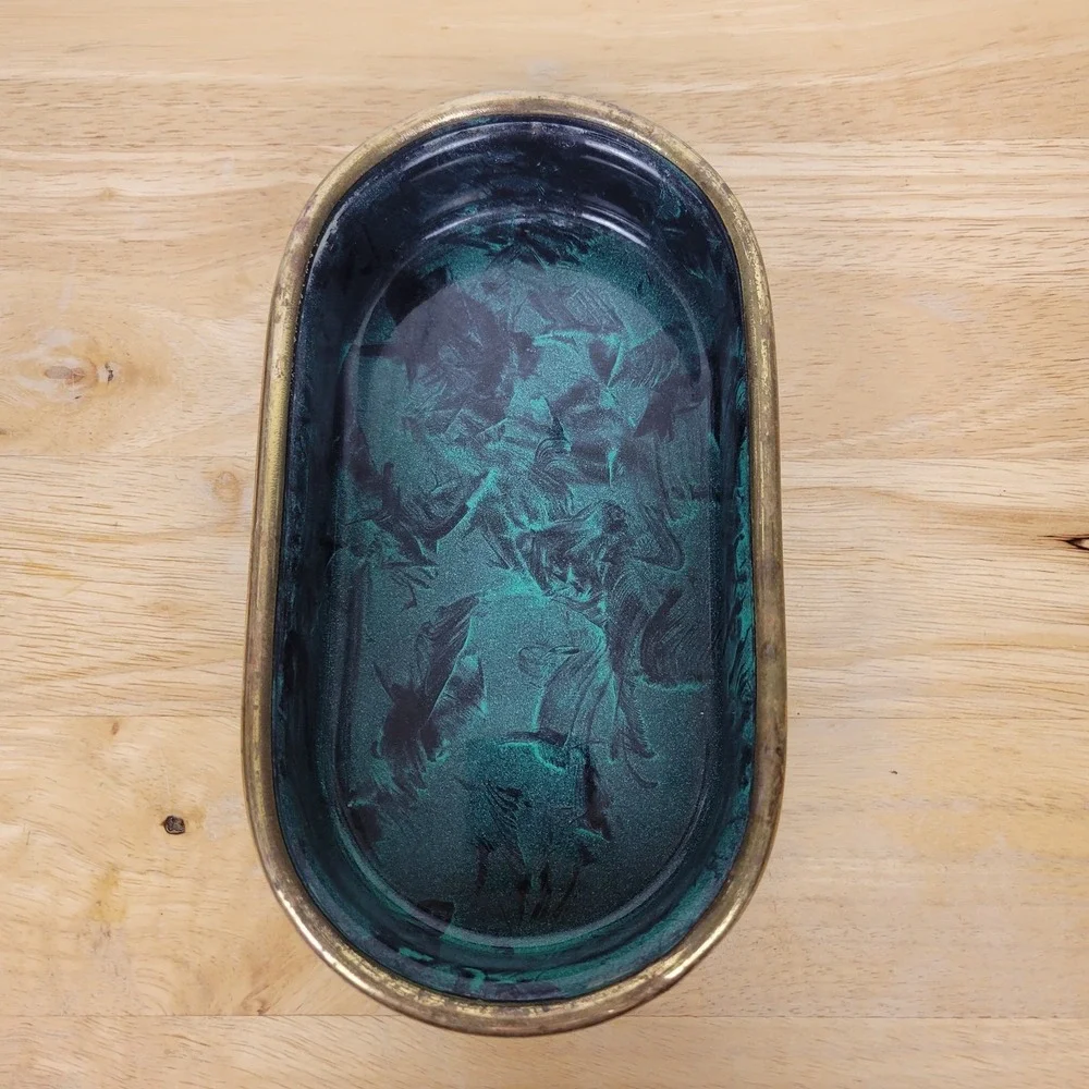 Jolly Hotels Vintage Green and Gold Metal Catch-All Tray Hollywood Regency Moody